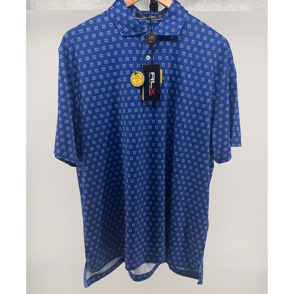 RLX Ralph Lauren‎ Men's Blue Geometric Print UV Protection Golf Polo Shirt Large